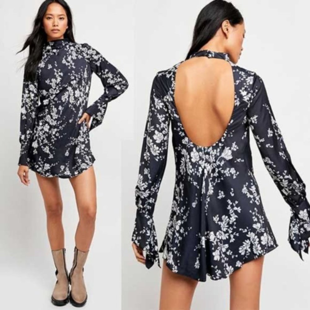 Free People Aries Open Back Retro Mini Bell Sleeve Dress in Floral Print
